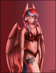 Size: 974x1254 | Tagged: suggestive, artist:szkar, derpibooru import, oc, oc:dracey, pegasus, belly button, braid, clothes, cute, glasses, image, looking at you, png, two toned mane, underwear