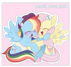 Size: 719x672 | Tagged: safe, artist:pencil_draw_indo, derpibooru import, fluttershy, rainbow dash, pegasus, pony, aesthetics, baseball cap, blushing, cap, clothes, cute, daaaaaaaaaaaw, dashabetes, duo, duo female, eyes closed, female, happy, hat, hug, image, mare, open mouth, png, scarf, shyabetes