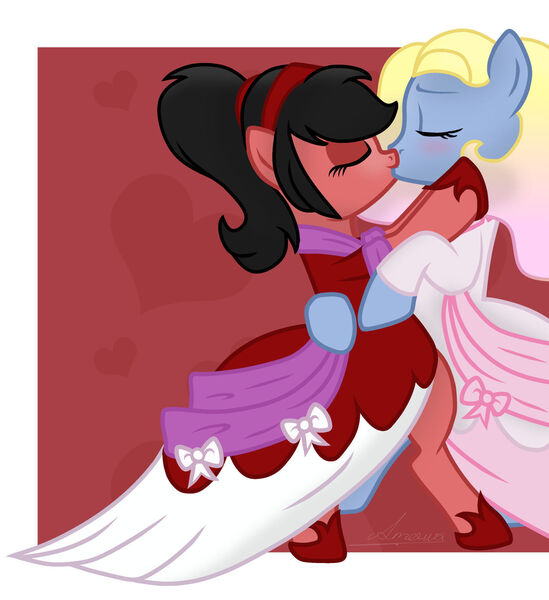 Size: 1280x1398 | Tagged: safe, artist:grapefruitface1, derpibooru import, oc, oc:azure/sapphire, oc:zaria deibele, unofficial characters only, earth pony, pony, unicorn, clothes, crossdressing, dress, femboy, gowns, image, jpeg, kissing, making out, male