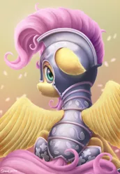 Size: 2400x3480 | Tagged: safe, artist:symbianl, derpibooru import, fluttershy, pegasus, pony, armor, image, looking back, png, solo, worried