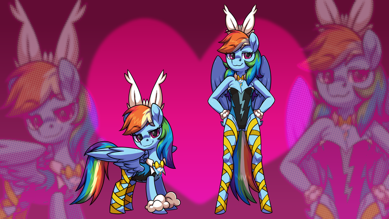 Size: 6156x3463 | Tagged: questionable, artist:moonseeker, derpibooru import, rainbow dash, anthro, pegasus, pony, unguligrade anthro, absurd resolution, anthro ponidox, breasts, bunny ears, bunny suit, cameltoe, clothes, cuffs (clothes), female, high res, image, leotard, mare, png, self paradox, self ponidox, smiling, solo, wallpaper, wallpaper for the fearless