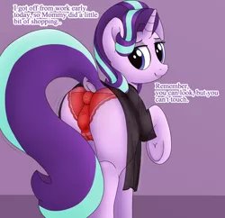 Size: 1344x1301 | Tagged: suggestive, artist:noosa, derpibooru import, starlight glimmer, pony, unicorn, butt, clothes, crotchboobs, dialogue, dock, female, femdom, frog (hoof), glimmer glutes, image, looking at you, mare, nudity, panties, plot, png, raised hoof, robe, roleplay, see-through, simple background, smiling, smirk, solo, tail, teats, underhoof, underwear