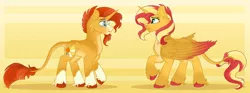Size: 1280x477 | Tagged: safe, artist:devonella, derpibooru import, sunburst, sunset shimmer, alicorn, pony, unicorn, alicornified, brother and sister, cutie mark, duo, female, glasses, horn, image, leonine tail, male, png, race swap, shimmercorn, siblings, sunny siblings, tail, wings