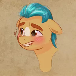 Size: 2937x2937 | Tagged: safe, artist:artharuhi, derpibooru import, hitch trailblazer, earth pony, pony, blushing, bust, cute, g5, grin, hitchbetes, image, jpeg, looking at each other, looking at someone, male, markings, smiling, solo, stallion