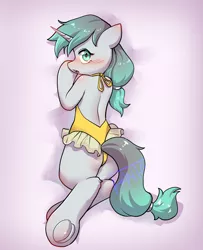 Size: 1584x1950 | Tagged: suggestive, artist:fantasysong, derpibooru import, oc, oc:qint, unofficial characters only, pony, unicorn, blushing, braid, butt, clothes, cyan eyes, cyan hair, frog (hoof), image, jpeg, looking at you, lying down, open mouth, plot, simple background, solo, swimsuit, tail, underhoof