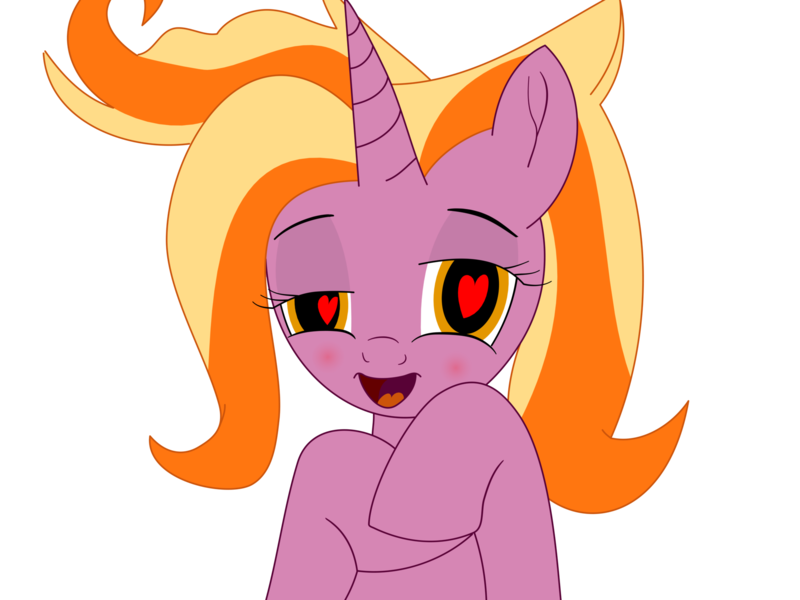 Size: 2160x1620 | Tagged: suggestive, alternate version, artist:knife smile, derpibooru import, luster dawn, pony, unicorn, the last problem, blushing, bust, female, heart eyes, horn, image, looking at you, mare, open mouth, open smile, orange hair, png, simple background, smiling, solo, thaumic equestria, transparent background, two toned mane, wingding eyes