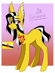 Size: 2130x2826 | Tagged: safe, artist:kristelsan, derpibooru import, oc, ponified, unofficial characters only, earth pony, pony, abstract background, brunei, ear fluff, earth pony oc, full body, heterochromia, high res, hooves, image, jpeg, lidded eyes, nation ponies, solo, standing, tail, two toned mane, two toned tail