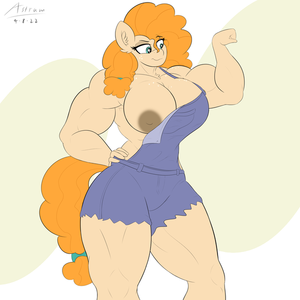 Size: 3000x3000 | Tagged: questionable, artist:astrum, derpibooru import, pear butter, anthro, earth pony, amazon, biceps, big breasts, boob freckles, breasts, chest fluff, chest freckles, clothes, confident, digital art, exposed breasts, female, flexing, freckles, grin, hand on hip, image, lidded eyes, milf, muscles, muscular female, nipples, nudity, one breast out, overalls, pear buffer, png, raised eyebrow, smiling, solo, solo female, thighs, thunder thighs, wardrobe malfunction