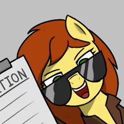 Size: 295x295 | Tagged: safe, artist:alexi148, derpibooru import, oc, oc:postal mare, ponified, earth pony, pony, aggie.io, clipboard, clothes, glasses, hi anon, image, looking at you, meme, petition, png, postal, postal 2, postal dude, solo, sunglasses, trenchcoat