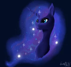 Size: 1138x1080 | Tagged: safe, derpibooru import, princess luna, alicorn, pony, among us, bust, ethereal mane, galaxy, galaxy mane, image, jpeg, simple background, smiling, solo, space