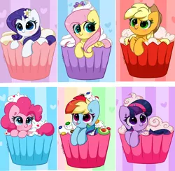 Size: 1214x1185 | Tagged: safe, artist:kittyrosie, derpibooru import, part of a set, applejack, fluttershy, pinkie pie, rainbow dash, rarity, twilight sparkle, earth pony, pegasus, pony, unicorn, :p, abstract background, applejack's hat, blushing, cake, chocolate, cowboy hat, cupcake, cupcake pony, cute, dashabetes, diapinkes, female, floating heart, flower, flower in hair, food, hat, heart, heart eyes, high res, image, jackabetes, kittyrosie is trying to murder us, looking at you, m&m's, mare, mlem, png, rainbow and cupcakes, rainbow background, raribetes, shyabetes, silly, silly pony, simple background, smiling, sprinkles, tongue out, twiabetes, twilight sprinkle, unicorn twilight, whipped cream, who's a silly pony, wingding eyes