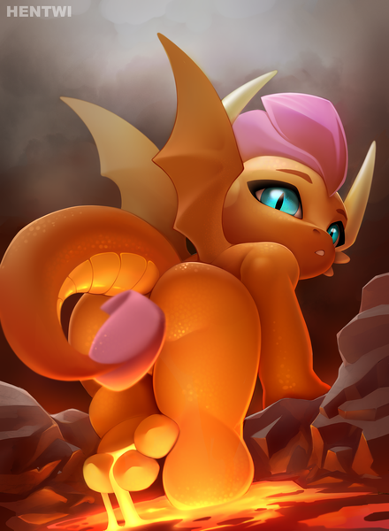 Size: 2048x2795 | Tagged: explicit, artist:hentwi, derpibooru import, smolder, anthro, dragon, ass, butt, censorship, cute, dragoness, feet, female, high res, image, lava, lava bathing, looking at you, looking back, looking back at you, png, rock, scales, slit pupils, smolderbetes, smolderriere, solo, strategically covered, tail, tail censor