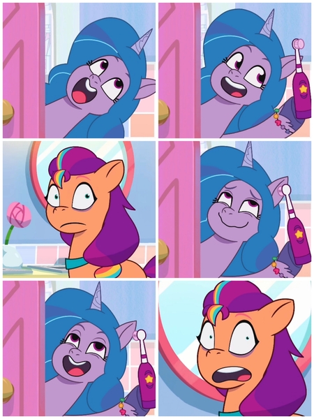 Size: 2160x2880 | Tagged: safe, derpibooru import, screencap, izzy moonbow, sunny starscout, earth pony, pony, unicorn, my little pony: tell your tale, spoiler:g5, g5, happy, image, jpeg, lmao, omg, toothbrush