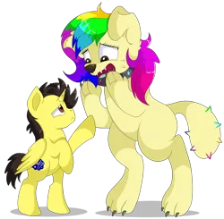 Size: 9300x9125 | Tagged: safe, artist:rainbowtashie, author:bigonionbean, derpibooru import, oc, oc:rainbow tashie, oc:tommy the human, unofficial characters only, alicorn, diamond dog, dog, pony, absurd resolution, alicorn oc, butt, child, collar, colt, commissioner:bigonionbean, diamond dog oc, diamond dogified, dog collar, duo, duo male and female, female, foal, frown, horn, image, looking at each other, looking at someone, male, mare, missing cutie mark, open mouth, png, sad, simple background, species swap, standing up, transparent background, wings