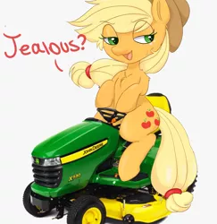 Size: 1879x1933 | Tagged: safe, artist:mushy, derpibooru import, applejack, earth pony, pony, apple, female, food, image, lawn mower, mare, photo, png, sweat