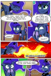 Size: 732x1091 | Tagged: safe, artist:candyclumsy, author:bigonionbean, derpibooru import, princess luna, alicorn, pony, comic:luna's cronenberg, alicorn princess, black and white, book, canterlot, canterlot castle, comic, commissioner:bigonionbean, ethereal mane, female, fire, fire breath, grayscale, hooves, horn, image, jewelry, laughing, magic, mare, monochrome, panicking, png, puffy cheeks, reading, regalia, relieved, shocked, shocked expression, snorting, solo, steam, wings