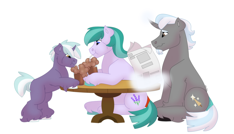 Size: 1280x732 | Tagged: safe, artist:itstechtock, derpibooru import, oc, oc:gilded leaf, oc:lavender joy, oc:polished lance, unofficial characters only, earth pony, pony, unicorn, colt, cup, drinking, drinking straw, earth pony oc, foal, glow, glowing horn, horn, image, magic, magic aura, male, milkshake, newspaper, png, simple background, sitting, smiling, stallion, table, telekinesis, transparent background, trio, trio male, unicorn oc