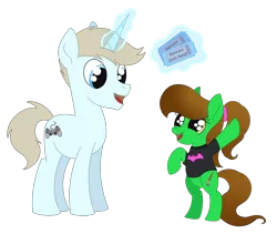 Size: 2048x1732 | Tagged: safe, artist:dyonys, derpibooru import, oc, oc:astro velvet, oc:lucky brush, unofficial characters only, earth pony, pony, unicorn, batman, batmare, bipedal, brother and sister, clothes, duo, earth pony oc, female, filly, foal, freckles, full body, glow, glowing horn, hooves, horn, image, looking at someone, magic, male, mare, open mouth, open smile, png, ponytail, raised hoof, shirt, siblings, simple background, smiling, stallion, standing, t-shirt, tail, telekinesis, ticket, transparent background, unicorn oc