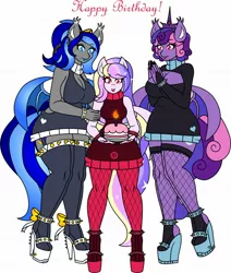 Size: 1739x2048 | Tagged: suggestive, artist:thunderboltx33, derpibooru import, oc, oc:cinnamon music, oc:lightning glare, unofficial characters only, anthro, bat pony, dragon, big breasts, birthday, boots, breasts, butt, cake, candle, clothes, dispropotional anatomy, female, females only, fishnets, food, friends, happy birthday, height difference, high heel boots, huge butt, image, jpeg, large butt, shoes, simple background, tiny torso, trio, white background