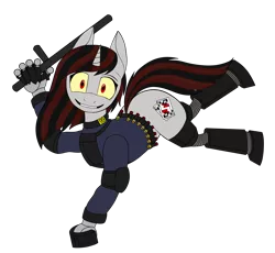 Size: 1924x1768 | Tagged: safe, artist:rorrek, derpibooru import, oc, oc:blackjack, cyborg, pony, unicorn, fallout equestria, fallout equestria: project horizons, ammunition, baton, dilated pupils, fanfic art, image, playing card, png, prosthetics, red and black oc, shotgun shell, slasher smile, solo