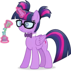 Size: 4100x4137 | Tagged: safe, artist:anime-equestria, derpibooru import, twilight sparkle, twilight sparkle (alicorn), alicorn, alternate hairstyle, bowtie, cute, flask, glasses, horn, image, levitation, magic, pigtails, png, simple background, smiling, telekinesis, transparent background, twiabetes, vector, wings