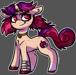 Size: 1036x1027 | Tagged: safe, artist:sexygoatgod, derpibooru import, oc, oc:razor spice, unofficial characters only, pony, unicorn, bags under eyes, ear piercing, evil grin, female, filly, foal, grin, horn, horn jewelry, horseshoes, image, jewelry, necklace, parent:oc:banshee bye, parent:oc:candy crack, piercing, pigtails, png, smiling, solo, unshorn fetlocks