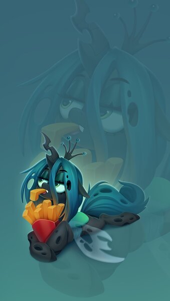 Size: 1500x2652 | Tagged: safe, alternate version, artist:zazush-una, derpibooru import, queen chrysalis, changeling, changeling queen, desktop, desktop background, eating, eyeshadow, fangs, female, floppy ears, food, french fries, gradient background, image, jpeg, lidded eyes, lying down, makeup, prone, solo, wallpaper, zoom layer