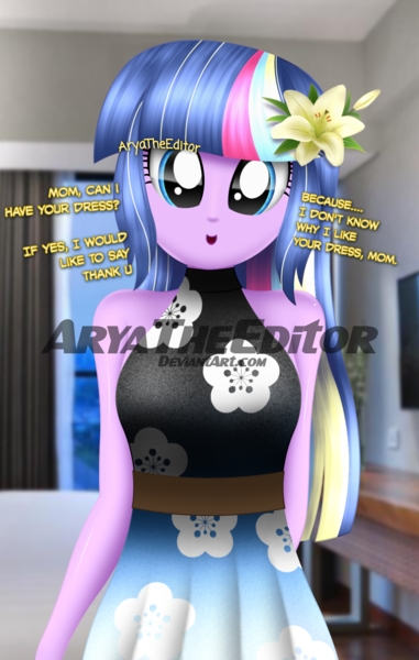 Size: 1142x1800 | Tagged: safe, artist:aryatheeditor, derpibooru import, oc, oc:nightfall sparkle, equestria girls, bare shoulders, beautiful, clothes, cute, daughter, digital art, dress, female, flower, flower in hair, hotel, image, outfit, png, purple hair, real life background, sleeveless, sleeveless dress, sleeveless turtleneck, smiling, text