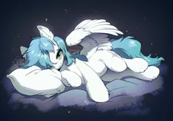 Size: 2048x1431 | Tagged: safe, artist:swaybat, derpibooru import, oc, oc:cynosura, unofficial characters only, pegasus, pony, female, image, jpeg, looking at you, mare, pillow, solo, spread wings, wings