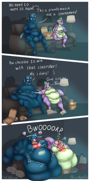 Size: 2500x5000 | Tagged: questionable, artist:owloffortune, derpibooru import, spike, oc, oc:starblind, anthro, dragon, unicorn, belly, big belly, burp, butt, comic, controller, couch, dialogue, fat, food, gamer, horn, huge belly, huge butt, image, immobile, large butt, magic, male, messy, messy eating, morbidly obese, obese, png, unicorn oc