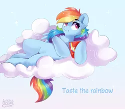 Size: 1280x1120 | Tagged: safe, artist:verylazybread, derpibooru import, rainbow dash, pegasus, pony, candy, chest fluff, cloud, cute, dashabetes, ear fluff, eating, female, food, image, jpeg, lying down, mare, on a cloud, on back, skittles, solo