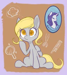 Size: 1869x2098 | Tagged: safe, artist:noupu, derpibooru import, derpy hooves, rarity, pegasus, pony, alternate hairstyle, brown background, colored pupils, comb, cute, derpabetes, female, food, hand mirror, image, jpeg, mare, muffin, scissors, simple background, sitting, solo, thought bubble