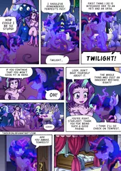 Size: 1204x1700 | Tagged: safe, artist:tarkron, derpibooru import, spike, starlight glimmer, storm king, tantabus, tempest shadow, trixie, twilight sparkle, bear, unicorn, ursa, ursa minor, yeti, comic:shadows of the past (tarkron), series:creature-verse, my little pony: the movie, bearified, broken horn, cape, clothes, collar, comic, commission, hat, horn, image, indoors, png, post traumatic stress disorder, ptsd, scar, size difference, species swap, speech bubble, spoon, tantabus sparkle, tantabusified, trixie's cape, trixie's hat, twilight's castle, ursa trixie