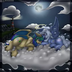 Size: 2500x2500 | Tagged: safe, artist:tai kai, derpibooru import, oc, oc:comfy pillow, unofficial characters only, angel, comforting, crying, female, halo, image, moon, png, rest in peace, sad, tribute