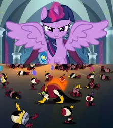Size: 1920x2160 | Tagged: safe, derpibooru import, edit, edited screencap, screencap, twilight sparkle, twilight sparkle (alicorn), alicorn, pony, the ending of the end, angry, balloon, commander peepers, comparison, defeated, disney, fire, image, lord hater, magic, pie in the face, png, telekinesis, wander over yonder, watchdogs