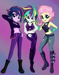 Size: 3209x4096 | Tagged: suggestive, artist:rileyav, derpibooru import, fluttershy, rarity, twilight sparkle, equestria girls, alternate hairstyle, arm warmers, belly button, boots, breasts, busty fluttershy, busty rarity, busty twilight sparkle, choker, cleavage, clothes, commission, ear piercing, earring, female, females only, flutterpunk, gradient background, hand on hip, image, jacket, jewelry, jpeg, leather jacket, looking at you, midriff, pants, piercing, punk, punklight sparkle, raripunk, ripped pants, shoes, smiling, smiling at you, studded bracelet, tanktop, torn clothes, trio, trio female