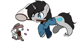 Size: 2400x1400 | Tagged: safe, artist:move, derpibooru import, oc, oc:cyan delta, pony, rabbit, unicorn, animal, clothes, commission, easter, egg, headphones, holiday, hoodie, image, male, net, png, smiling, solo, ych result