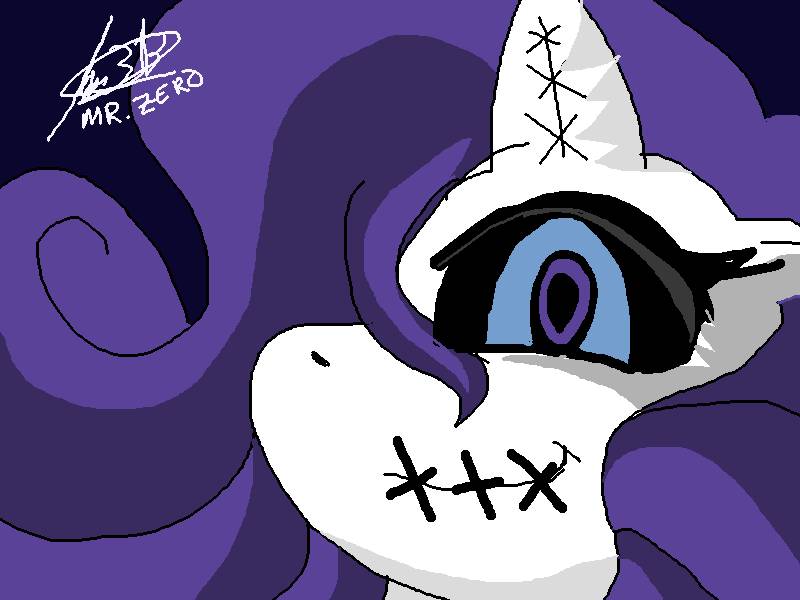 Size: 800x600 | Tagged: semi-grimdark, artist:mr. zero, derpibooru import, rarity, pony, unicorn, black sclera, bust, image, jpeg, lil miss rarity, solo, stitched mouth, stitches