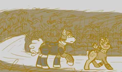 Size: 800x470 | Tagged: safe, artist:hiddenfaithy, derpibooru import, oc, oc:flare, oc:misty sparks, unnamed oc, unofficial characters only, pony, fallout equestria, clothes, corn, fallout equestria: uncertain ties, female, field, foal, food, image, jumpsuit, monochrome, mother and child, mother and daughter, pipbuck, png, security guard, sketch, vault security armor, vault suit