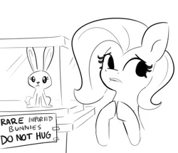 Size: 3489x3000 | Tagged: safe, artist:tjpones, derpibooru import, fluttershy, pegasus, pony, rabbit, animal, black and white, female, grayscale, high res, hooves together, image, lip bite, mare, monochrome, not angel bunny, png, sign, simple background, solo, white background