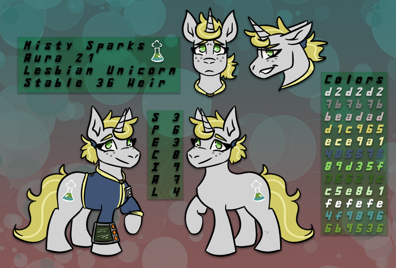 Size: 1434x972 | Tagged: safe, artist:hiddenfaithy, derpibooru import, oc, oc:misty sparks, unofficial characters only, pony, unicorn, fallout equestria, clothes, fallout equestria: uncertain ties, fanfic art, female, image, jumpsuit, lesbian, pipbuck, png, redraw, reference sheet, vault suit