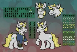 Size: 1434x972 | Tagged: safe, artist:hiddenfaithy, derpibooru import, oc, oc:misty sparks, unofficial characters only, pony, unicorn, fallout equestria, clothes, fallout equestria: uncertain ties, fanfic art, female, image, jumpsuit, lesbian, pipbuck, png, redraw, reference sheet, vault suit