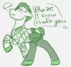 Size: 803x757 | Tagged: safe, artist:hiddenfaithy, derpibooru import, oc, oc:blaze, unofficial characters only, earth pony, pony, fallout equestria, clothes, fallout equestria: uncertain ties, fanfic art, floppy ears, glasses, image, monochrome, offscreen character, png, sketch, speech bubble, text