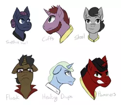 Size: 5000x4320 | Tagged: safe, artist:hiddenfaithy, derpibooru import, oc, oc:cuffs, oc:flask, oc:hammers, oc:healing drops, oc:sapphire swirl, oc:steel, unofficial characters only, earth pony, pegasus, unicorn, fallout equestria, fallout equestria: uncertain ties, fanfic art, image, old art, png, simple background, sketch, text, white background