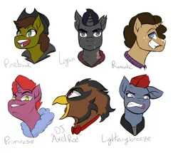 Size: 4680x4026 | Tagged: safe, artist:hiddenfaithy, derpibooru import, oc, oc:dj axel rod, oc:legion, oc:lightingbreeze, oc:pinebuck, oc:primrose, oc:rumcake, unofficial characters only, earth pony, gryphon, pegasus, pony, unicorn, fallout equestria, fallout equestria: uncertain ties, fanfic art, image, old design, png, simple background, sketch, text, white background