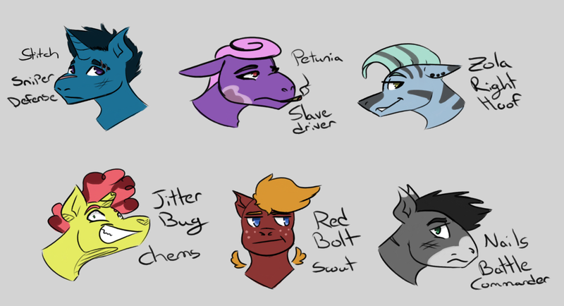 Size: 1384x750 | Tagged: safe, artist:hiddenfaithy, derpibooru import, oc, oc:jitter bug, oc:nails, oc:petunia, oc:red bolt, oc:stitch, oc:zola, unofficial characters only, earth pony, hybrid, pegasus, pony, unicorn, zony, fallout equestria, broken horn, cigarette, ear piercing, earring, fallout equestria: uncertain ties, fanfic art, horn, image, jewelry, piercing, png, scar, simple background, sketch, text