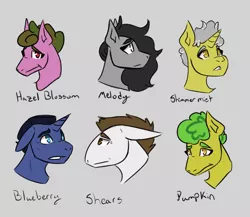 Size: 1200x1040 | Tagged: safe, artist:hiddenfaithy, derpibooru import, oc, oc:blueberry, oc:hazel blossom, oc:melody, oc:pumpkin, oc:shears, oc:shimmermist, unofficial characters only, earth pony, pony, unicorn, fallout equestria, fallout equestria: uncertain ties, fanfic art, image, png, simple background, sketch, text