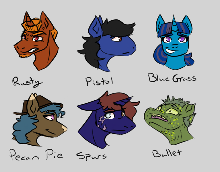 Size: 1150x900 | Tagged: safe, artist:hiddenfaihy, derpibooru import, oc, oc:blue grass, oc:bullet, oc:peacan pie, oc:pistol, oc:rusty, oc:spurs, unofficial characters only, earth pony, unicorn, fallout equestria, blind, coat markings, fallout equestria: uncertain ties, fanfic art, hat, image, png, simple background, sketch, text, yellow eyes