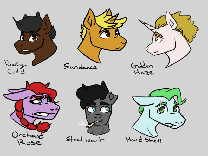 Size: 1200x900 | Tagged: safe, artist:hiddenfaithy, derpibooru import, oc, oc:golden haze, oc:hard shell, oc:orchard rose, oc:rocky cold, oc:steelheart, oc:sundance, unofficial characters only, earth pony, pony, unicorn, fallout equestria, cigarette, fallout equestria: uncertain ties, fanfic art, image, png, scar, simple background, sketch, text