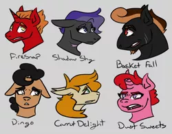 Size: 1250x975 | Tagged: safe, artist:hiddenfaithy, derpibooru import, oc, oc:basket fall, oc:carrot delight, oc:dingo, oc:dust sweets, oc:firesnap, oc:shadow shy, unofficial characters only, earth pony, unicorn, fallout equestria, broken horn, fallout equestria: uncertain ties, fanfic art, horn, image, png, scar, simple background, text